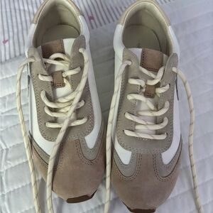 Tory Burch Tan and White Retro Sneakers